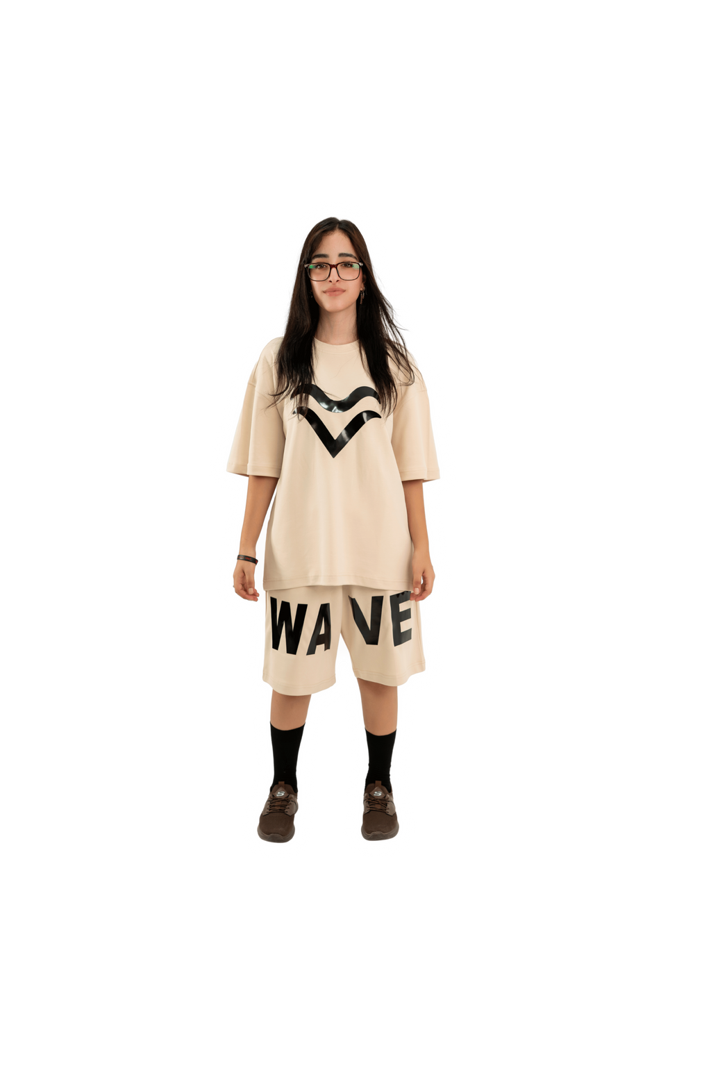 WAVE Oversized T-Shirt & Shorts Set – Beige