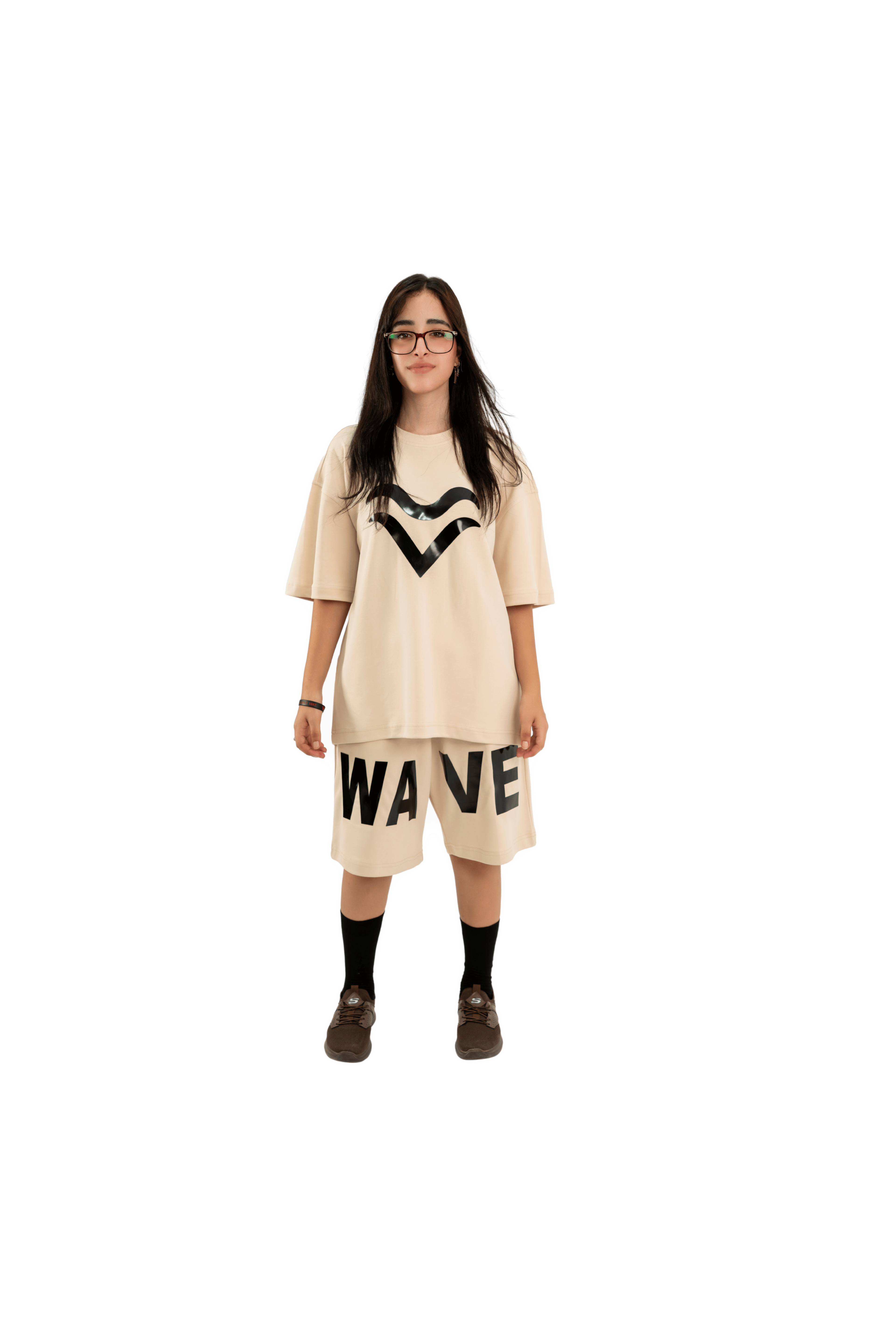 WAVE Oversized T-Shirt & Shorts Set – Beige